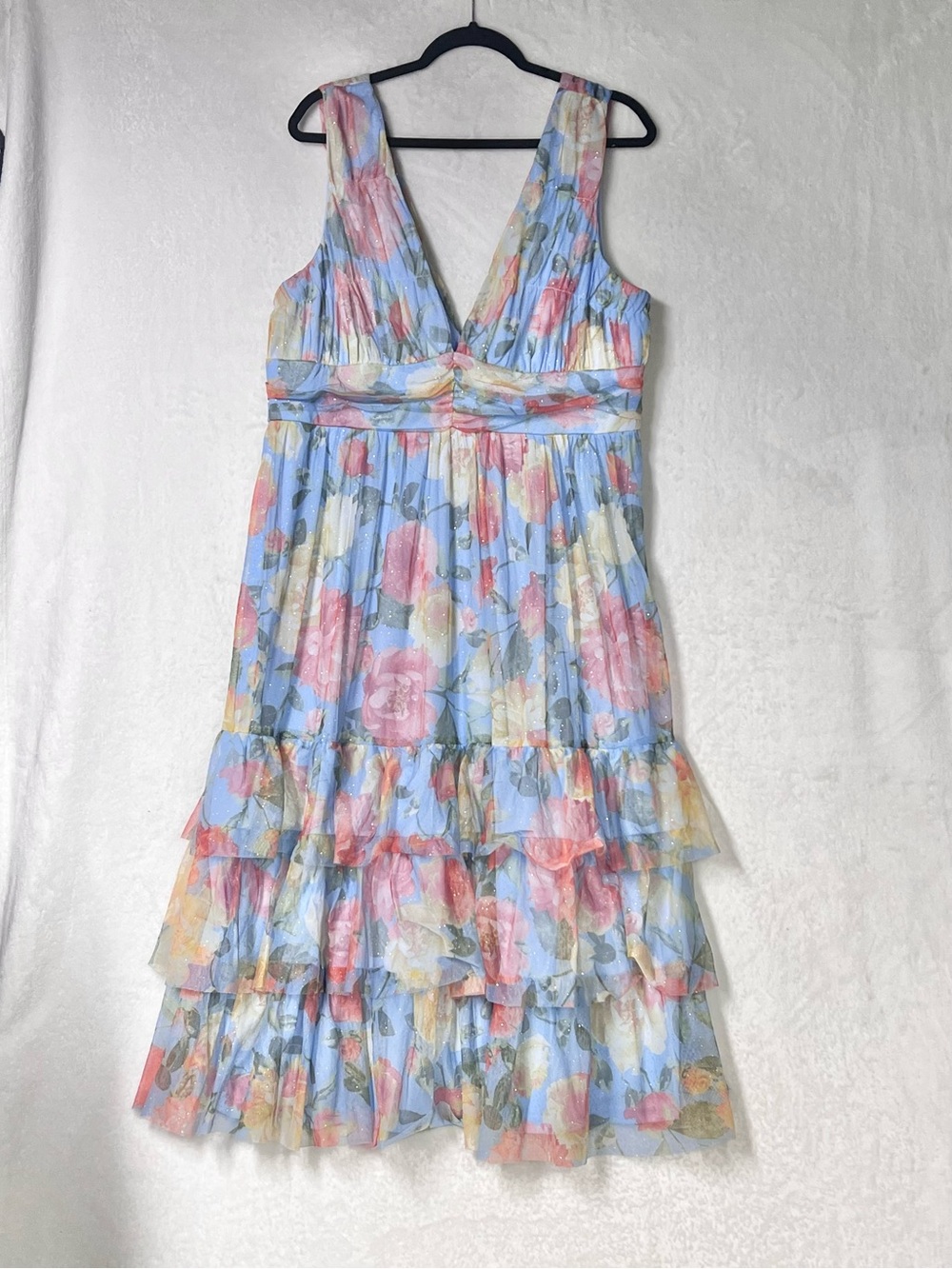 Lulus Perfectly Divine Blue Floral Tulle Tiered Ruffled Midi Dress Size XXL NWOT - Picture 5 of 11